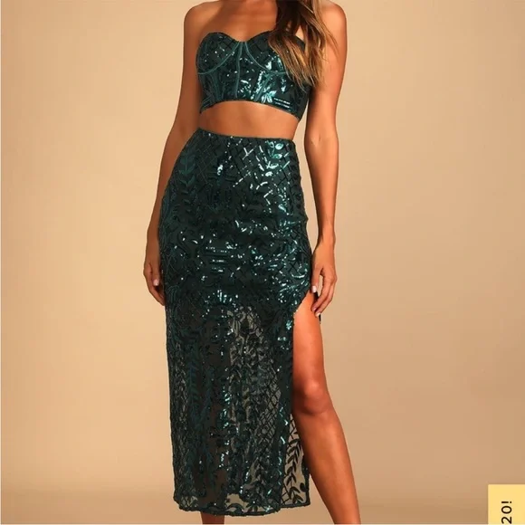 emerald green sequin midi dress Wren Green Sequin Midi Dress with Beaded Tassels – Frock and Frill main image 0